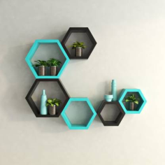 Supplier Modern Wall Shelf Black & Sky Blue Hexagon Shape wall shelf