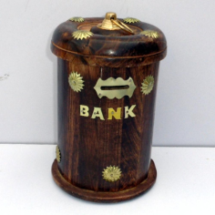 Supplier Brass Wooden Money Box Decorative Barrel Shape Piggy Money Bank