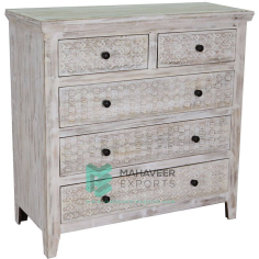 Five Drawer White Colored Floral Carved Sideboard Exporter