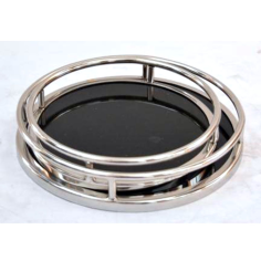 Serving Tray Made Of Stainless Balck Glass With Gold Finishing & Round Exporter