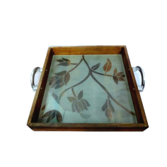 Serving Tray Made Of Wood & Glass With Polish Finishing And Rectangular Exporter