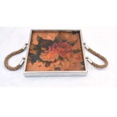 Wood Serving Tray With Flower Print Design And Rope Handle Exporter