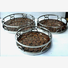 Wood Serving Tray With Stainless Steel Frame & Circle Wood Design Exporter