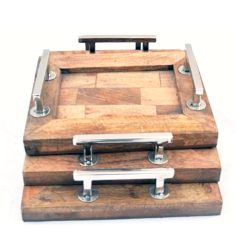 Serving Tray Made Of Wood And Bricks Design & Square Shape Set Of 3 Exporter