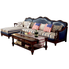 Antique solid wood L shaped living room furniture wooden leather sofas Supplier