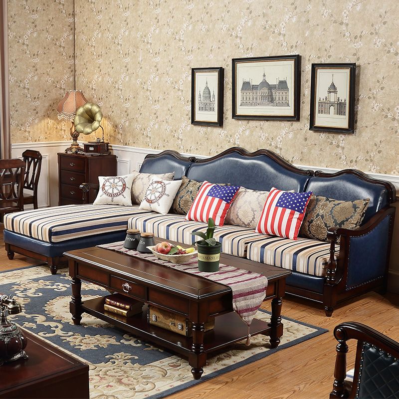 Antique solid wood L shaped living room furniture wooden leather sofas Supplier