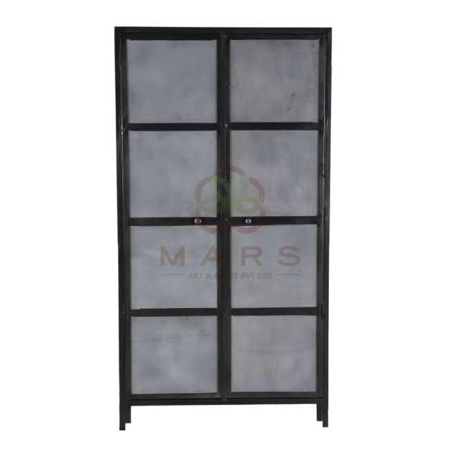 Industrial Vintage Style Iron 2 Glass Door Almirah Black Powder Manufacturer