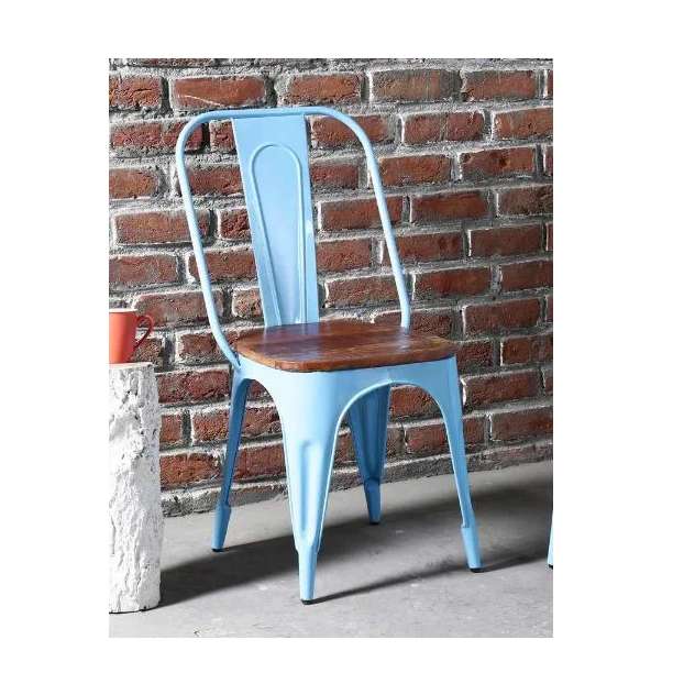 Iron Sky Blue Chair With Wooden Seat Exporter